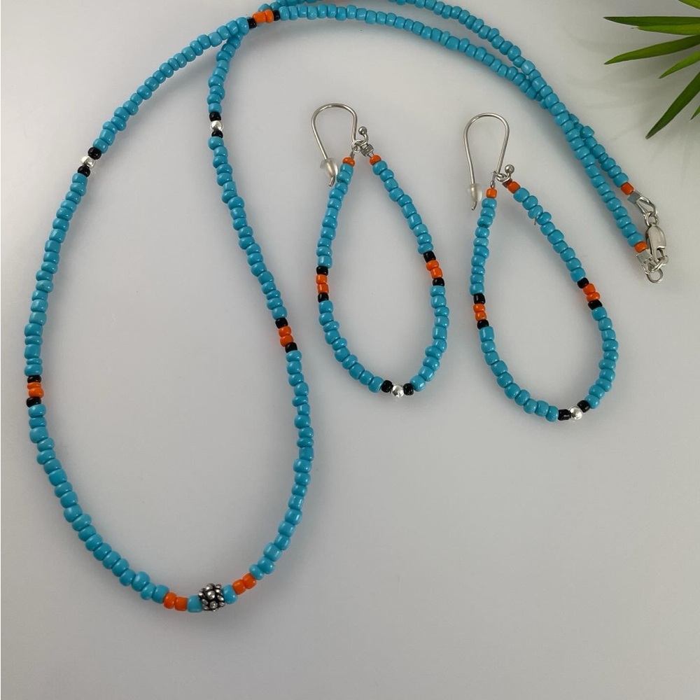 Sterling Silver Opaque Czech Glass Turquoise Blue Beaded Necklace Earrings SET